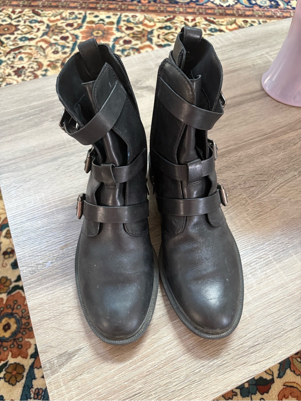 Vince Camuto Dark Brown Leather Strap Buckle Moto Boots
